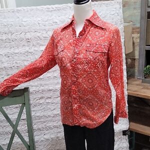 Eddie Bauer Western Boho Top, Womens Sz S Red Bandana Paisley Button Down Shirt